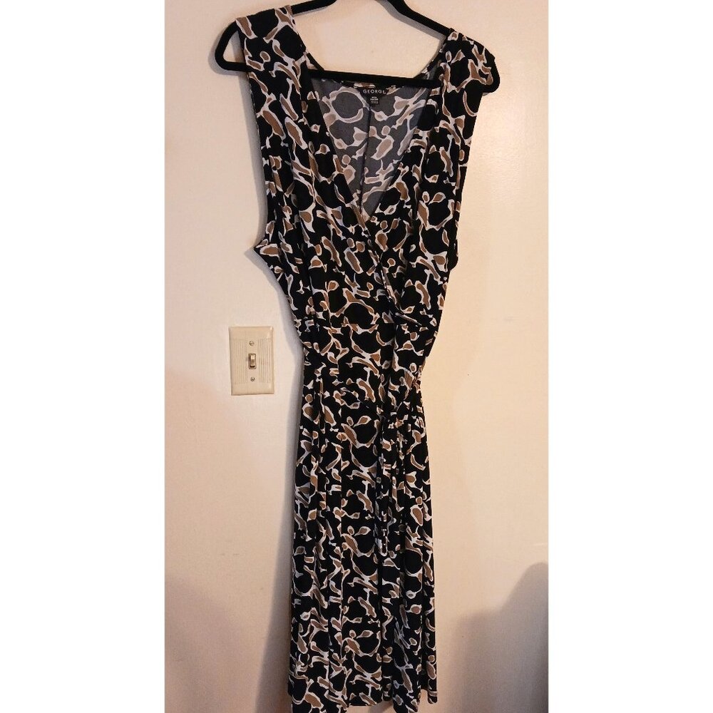 Vintage George Black, White, Tan Faux Wrap Midi Dress 4X 26W-28W Stretchy Slinky